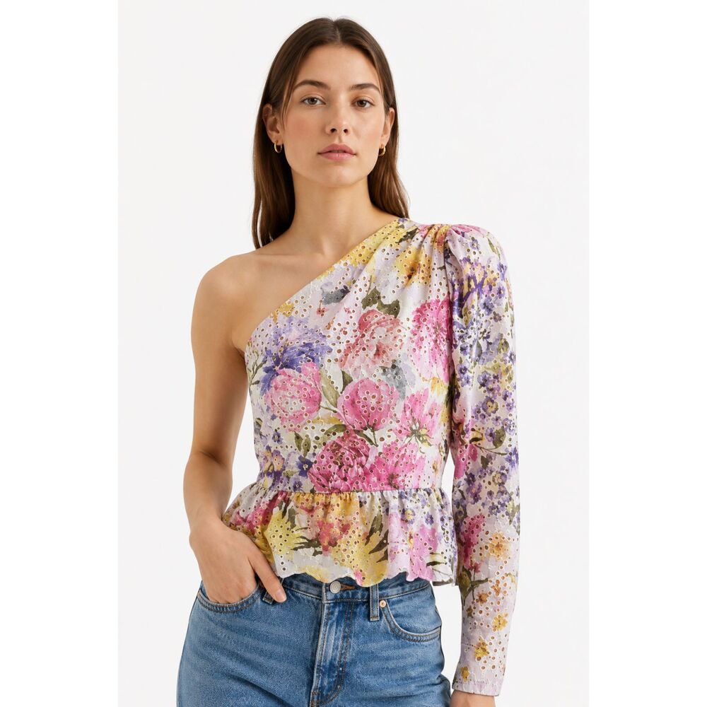 Express Floral One Shoulder Peplum Y2K Coquette Fairy Cottagecore Top Size 6 NEW